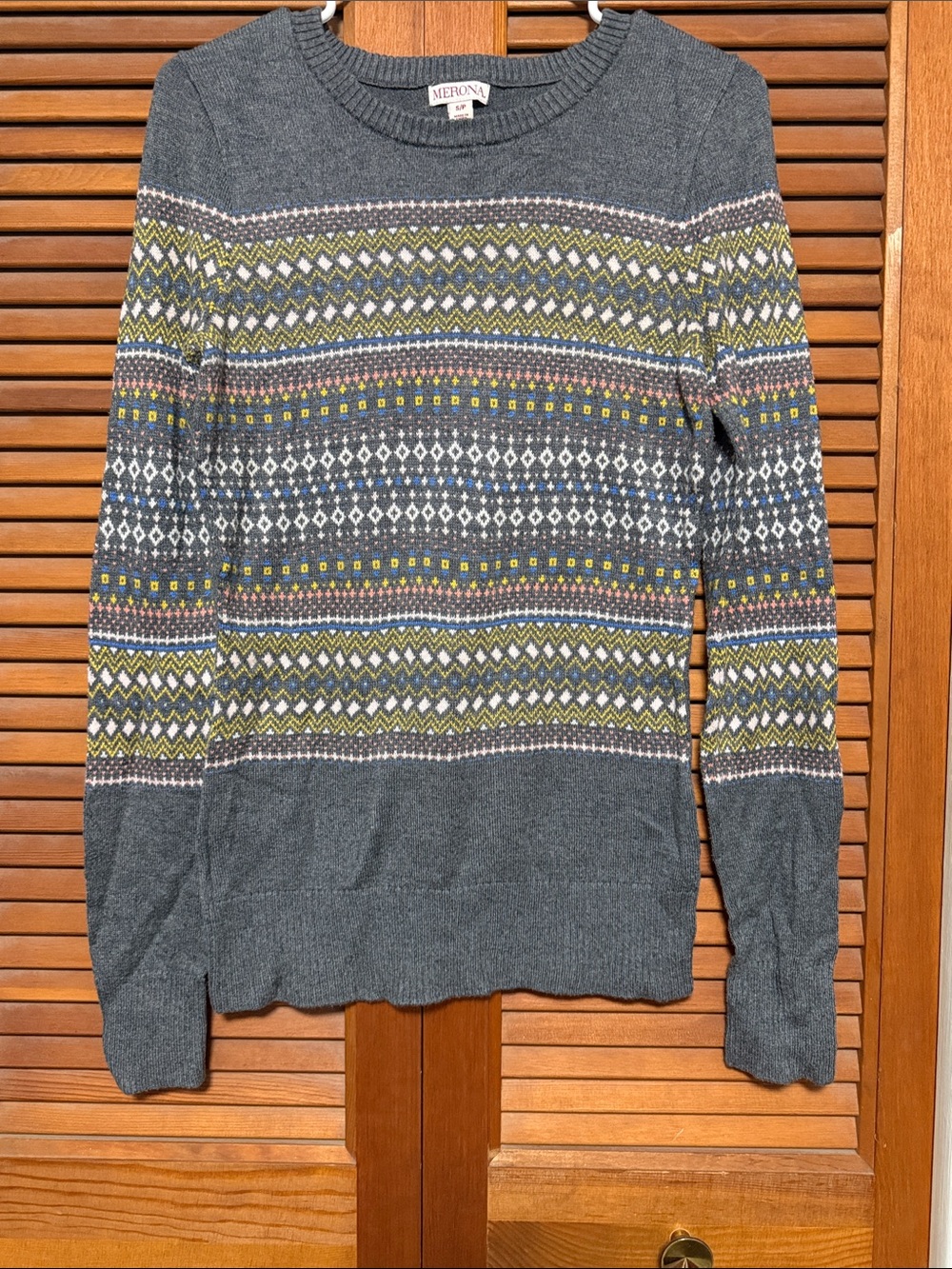 Merona Gray Crewneck Sweater with Fair Isle Stripe Pattern